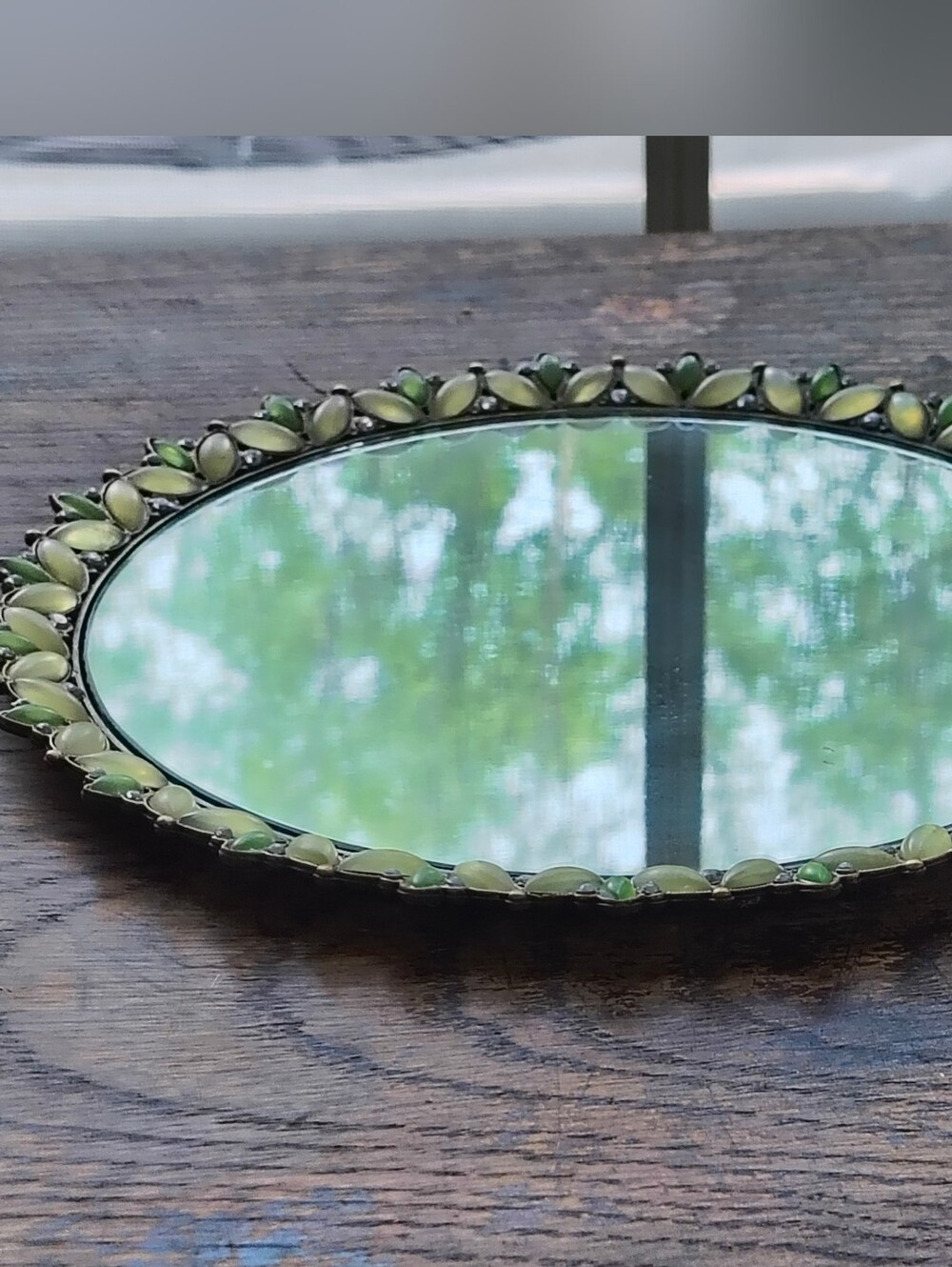 Elegant Round Mirrored Tray with Green Beaded Frame